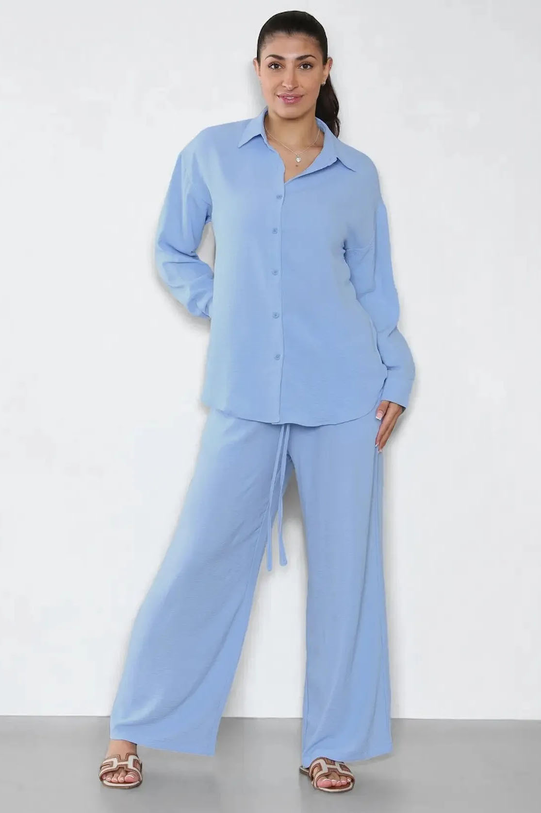 Leisure Plain Collared Long Sleeve Button Up Loose Shirt & Drawstring Wide Leg Trousers Co-ord