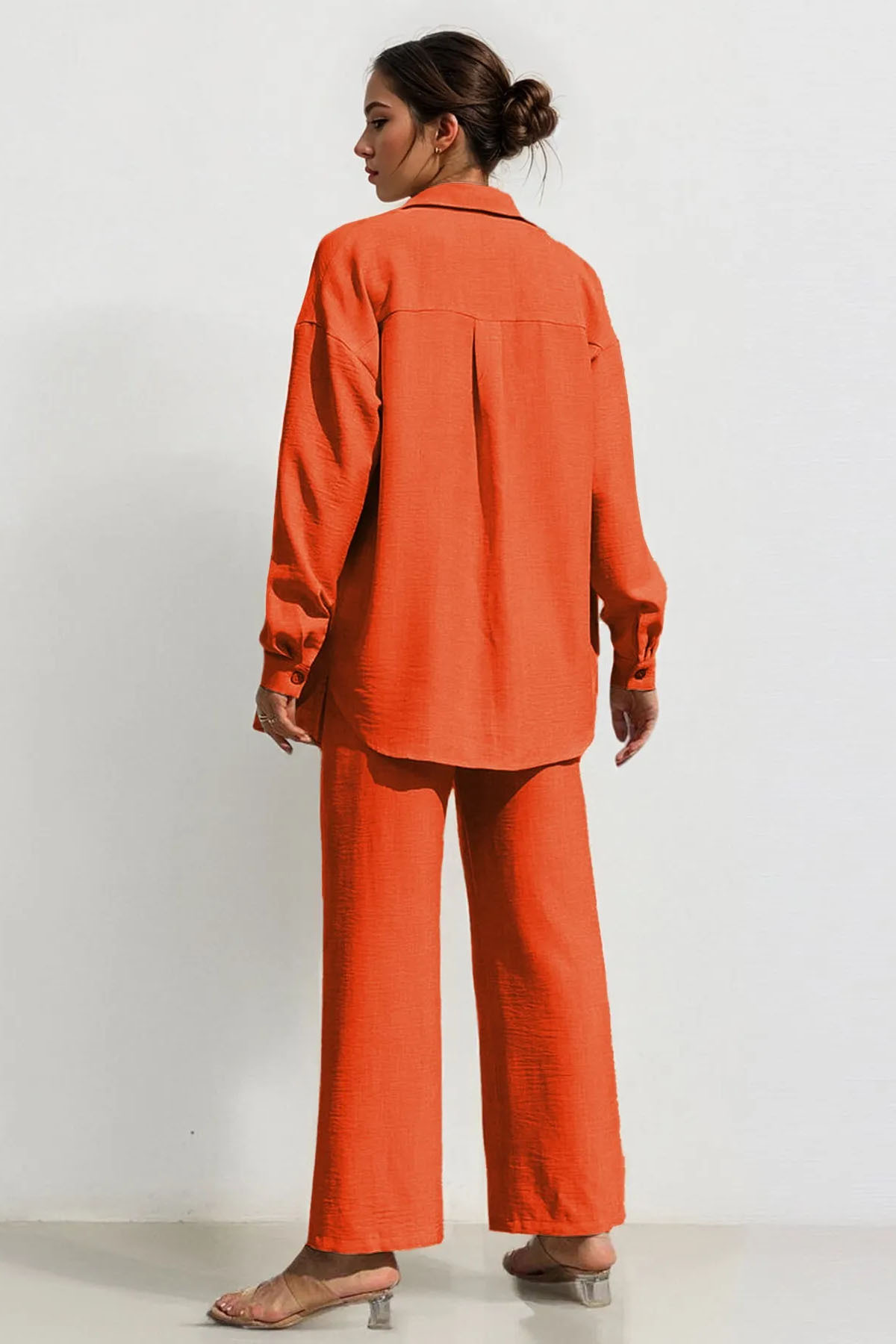 Leisure Plain Collared Long Sleeve Button Up Loose Shirt & Drawstring Wide Leg Trousers Co-ord
