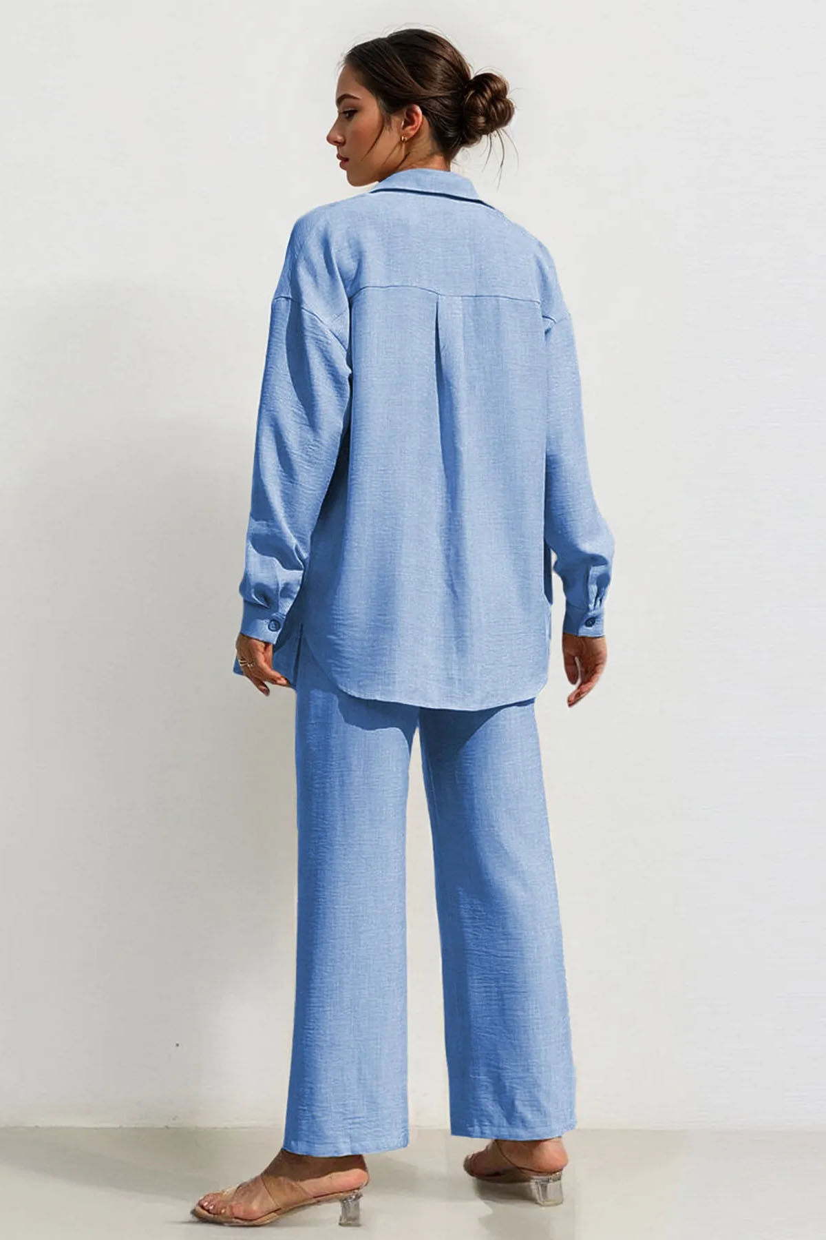 Leisure Plain Collared Long Sleeve Button Up Loose Shirt & Drawstring Wide Leg Trousers Co-ord