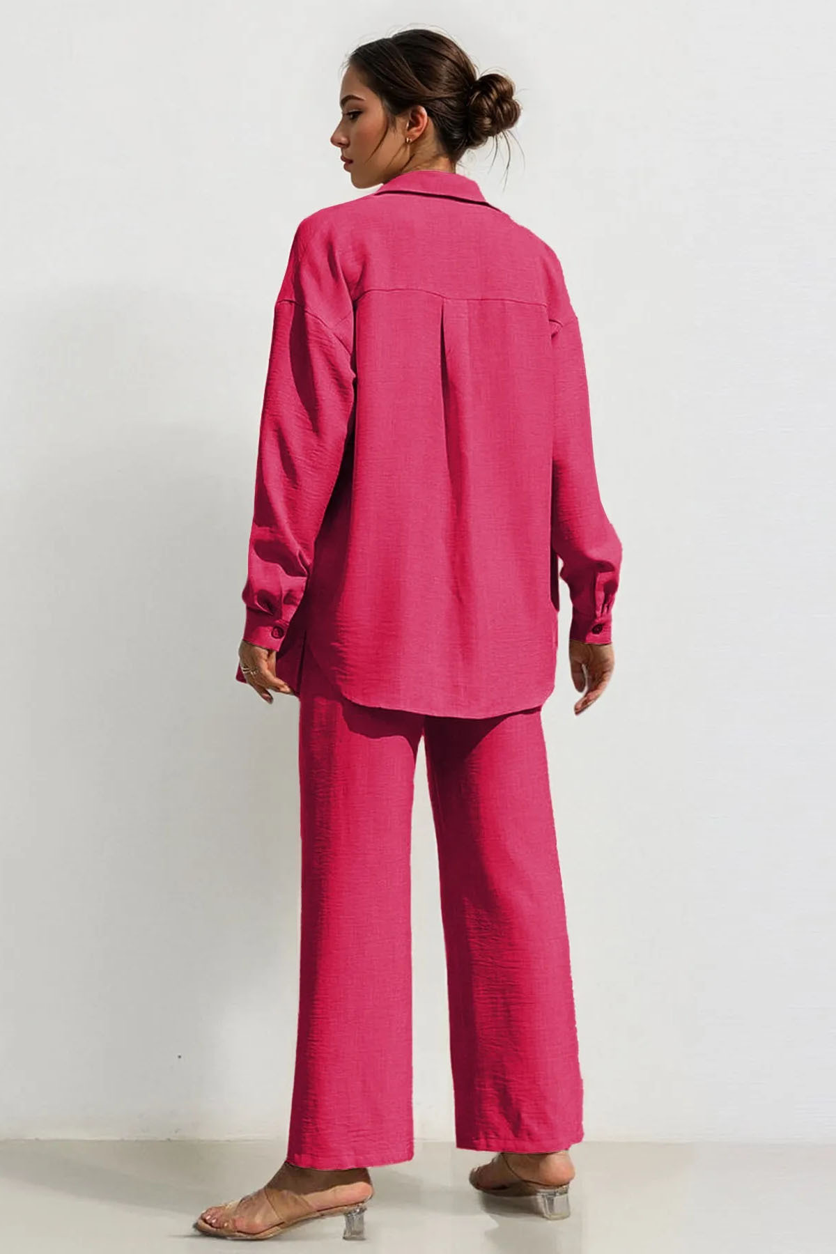 Leisure Plain Collared Long Sleeve Button Up Loose Shirt & Drawstring Wide Leg Trousers Co-ord