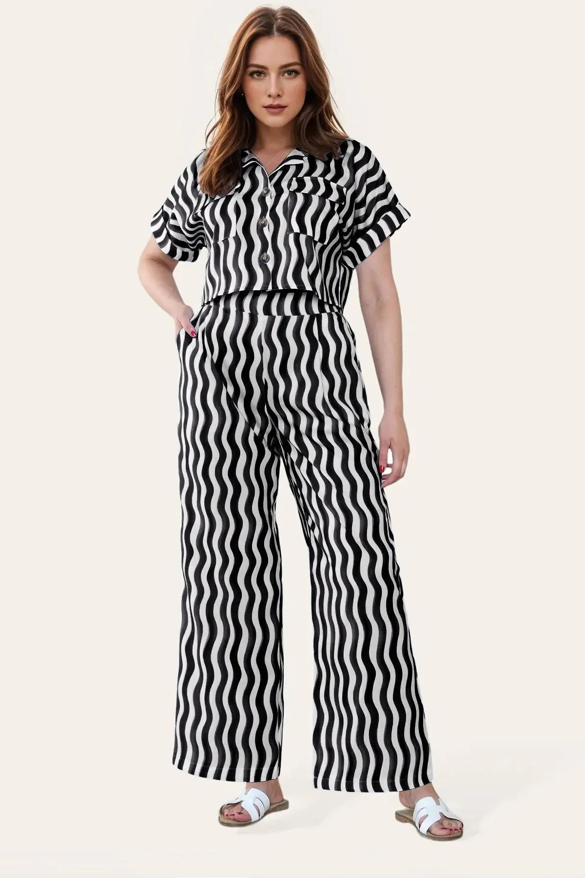 Leisure Wave Stripe Collared Flap Pocket Crop Shirt & Wide Leg Trousers Co-ord