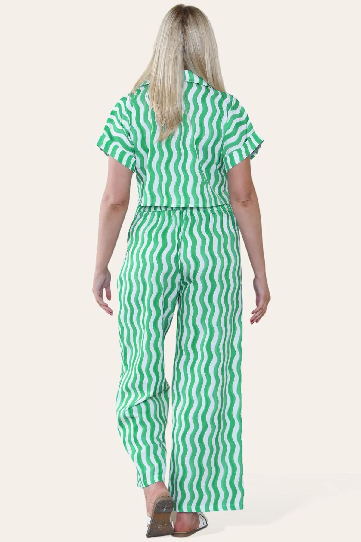 Leisure Wave Stripe Collared Flap Pocket Crop Shirt & Wide Leg Trousers Co-ord