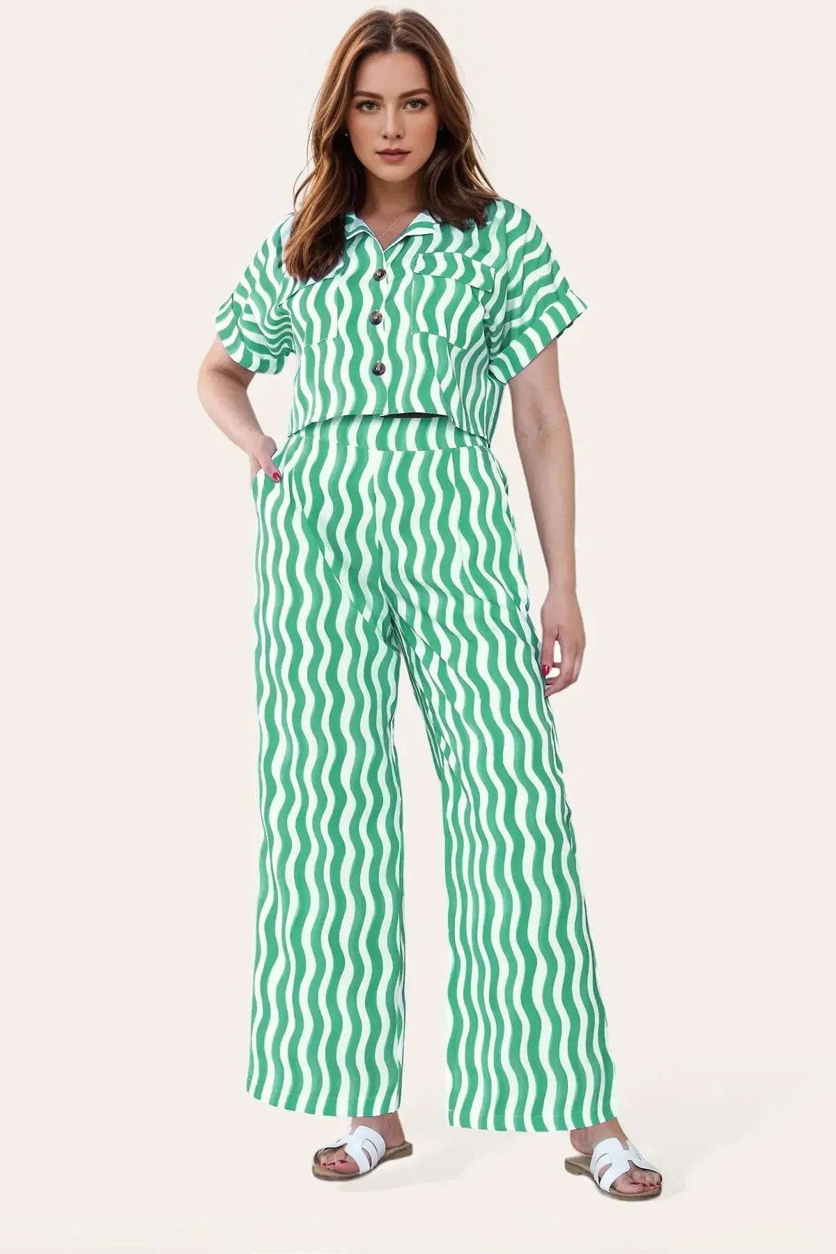 Leisure Wave Stripe Collared Flap Pocket Crop Shirt & Wide Leg Trousers Co-ord