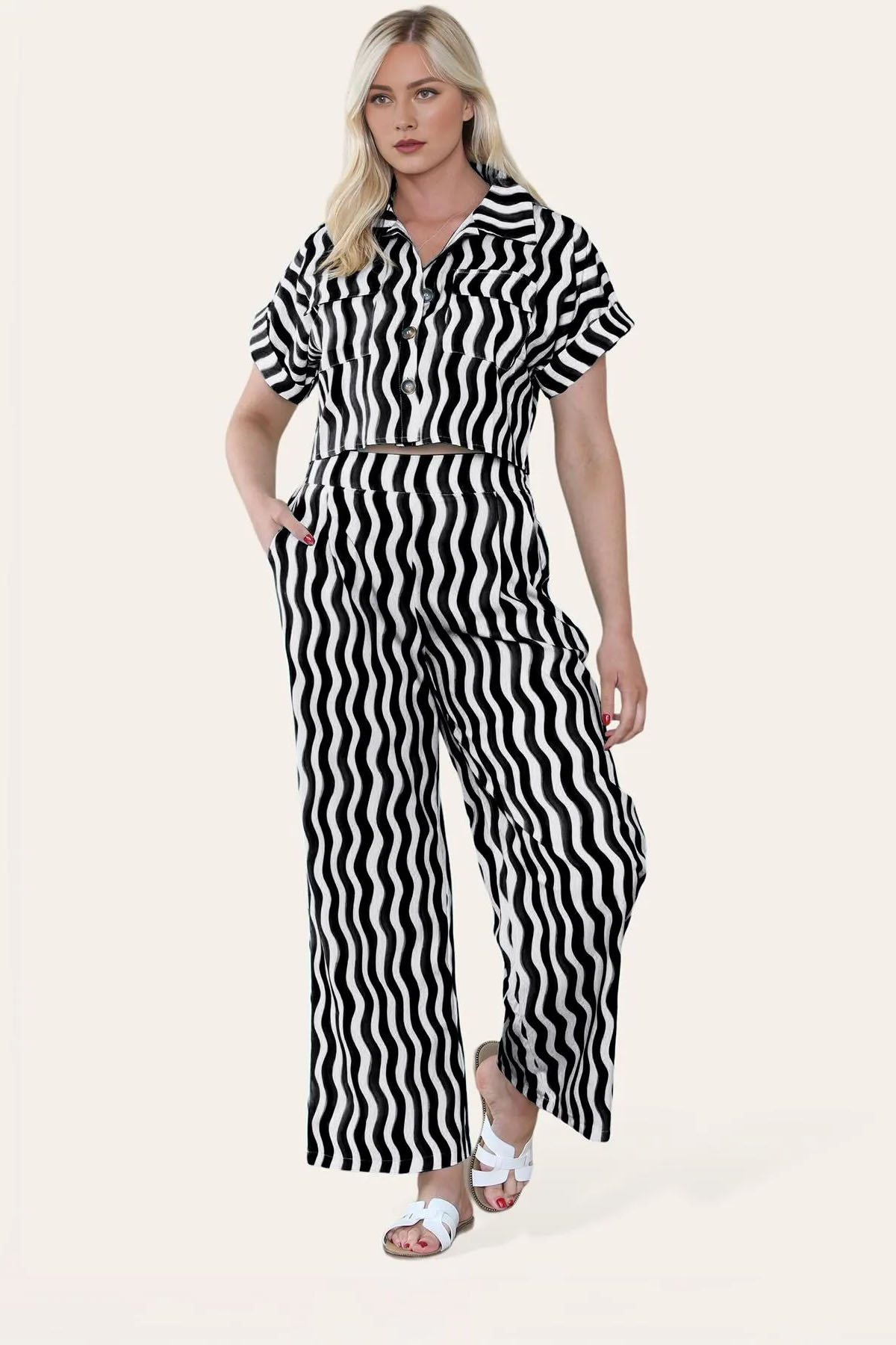 Leisure Wave Stripe Collared Flap Pocket Crop Shirt & Wide Leg Trousers Co-ord