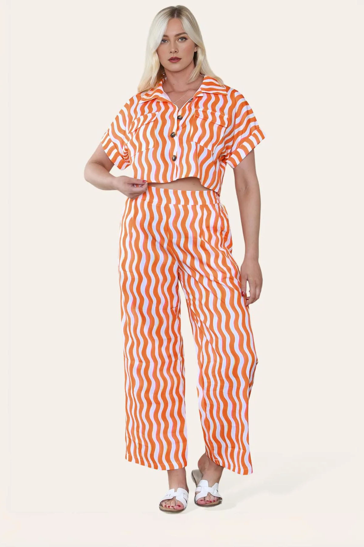 Leisure Wave Stripe Collared Flap Pocket Crop Shirt & Wide Leg Trousers Co-ord
