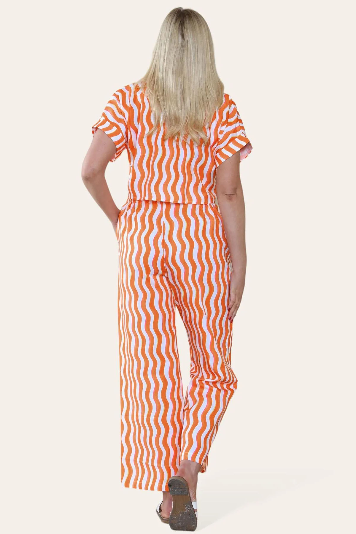 Leisure Wave Stripe Collared Flap Pocket Crop Shirt & Wide Leg Trousers Co-ord