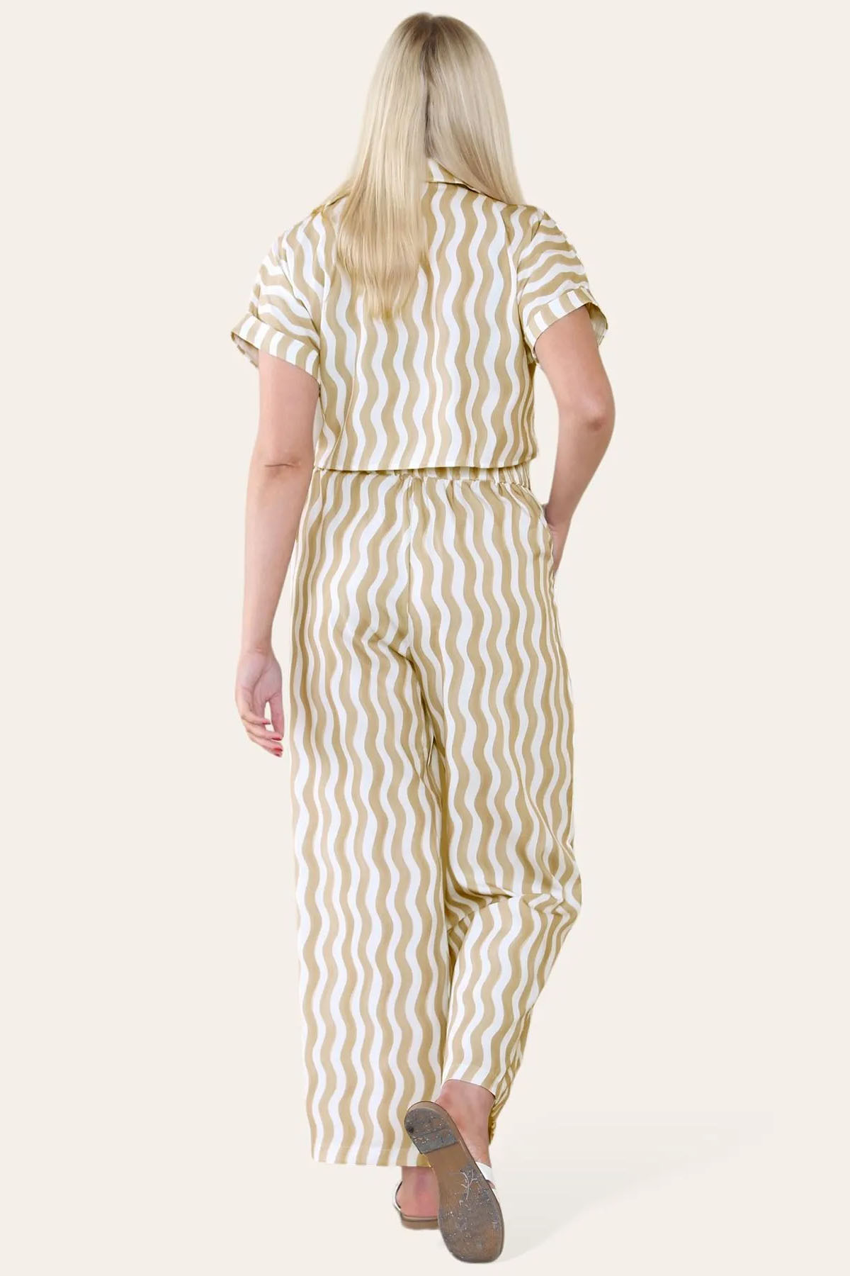 Leisure Wave Stripe Collared Flap Pocket Crop Shirt & Wide Leg Trousers Co-ord