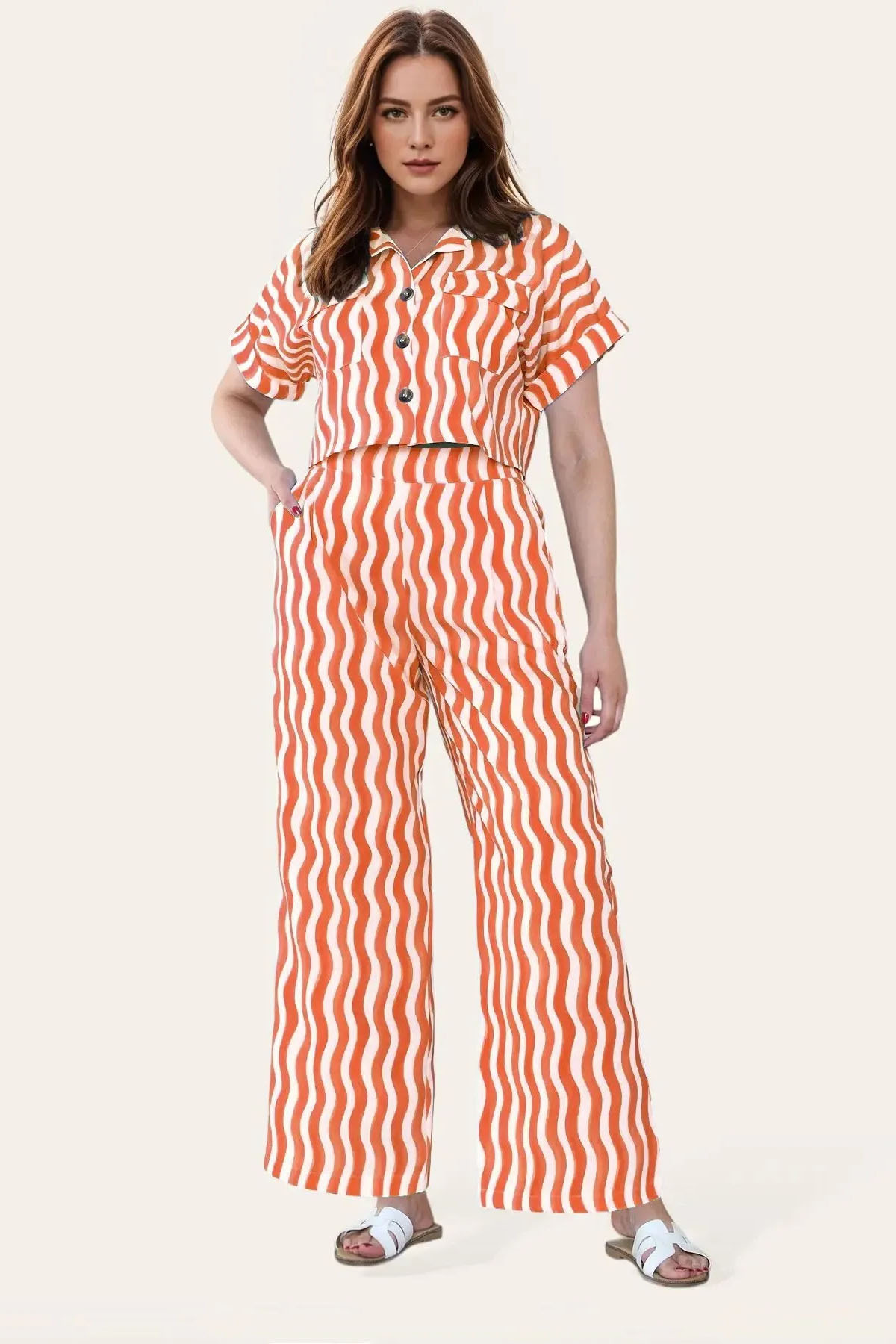 Leisure Wave Stripe Collared Flap Pocket Crop Shirt & Wide Leg Trousers Co-ord