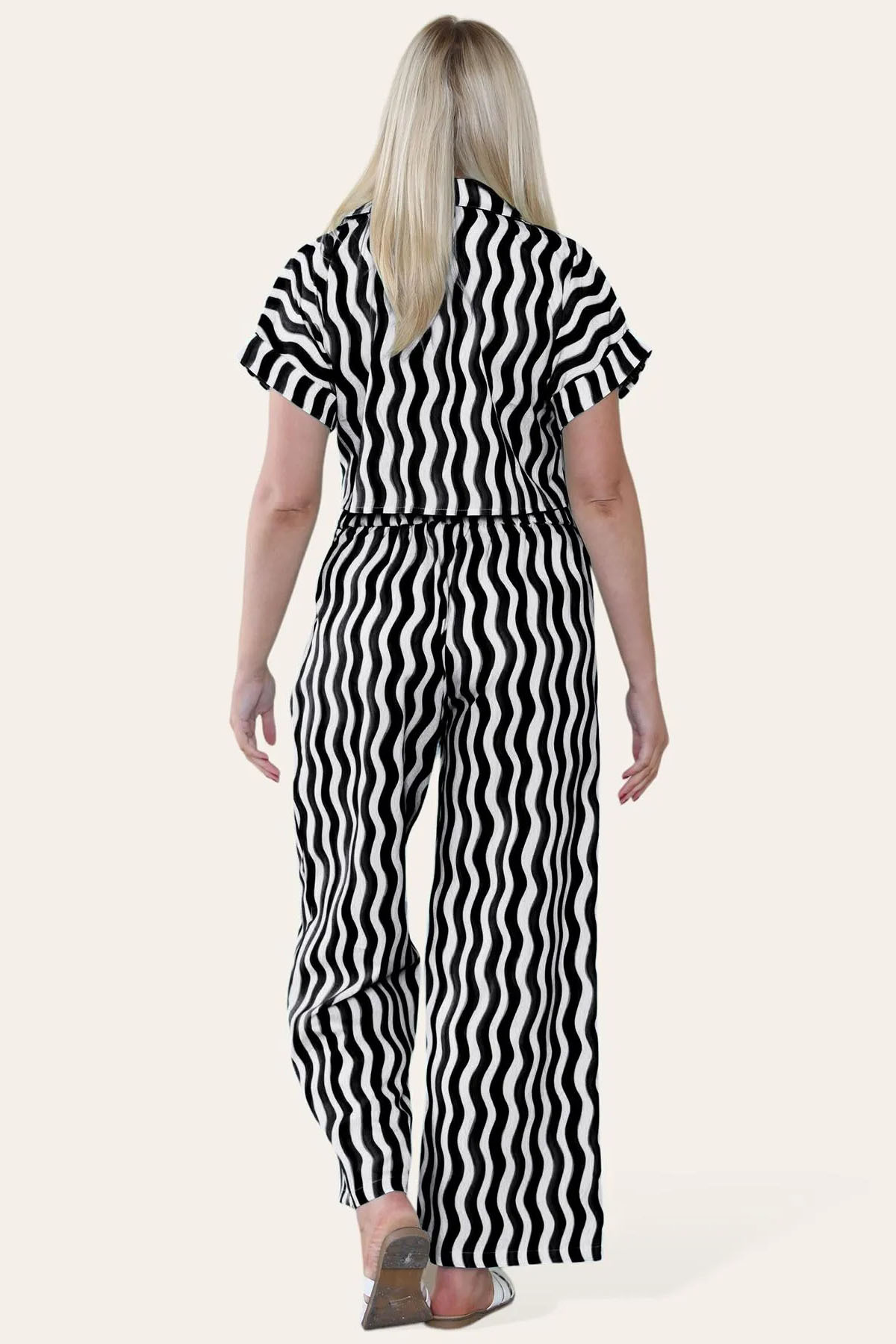 Leisure Wave Stripe Collared Flap Pocket Crop Shirt & Wide Leg Trousers Co-ord