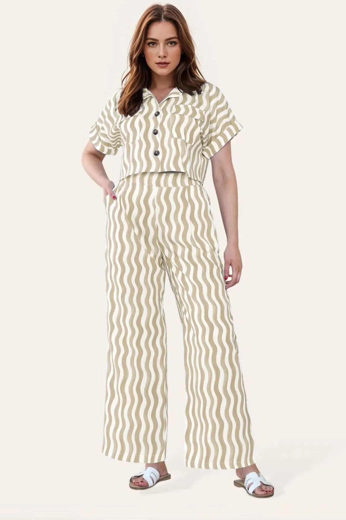 Leisure Wave Stripe Collared Flap Pocket Crop Shirt & Wide Leg Trousers Co-ord