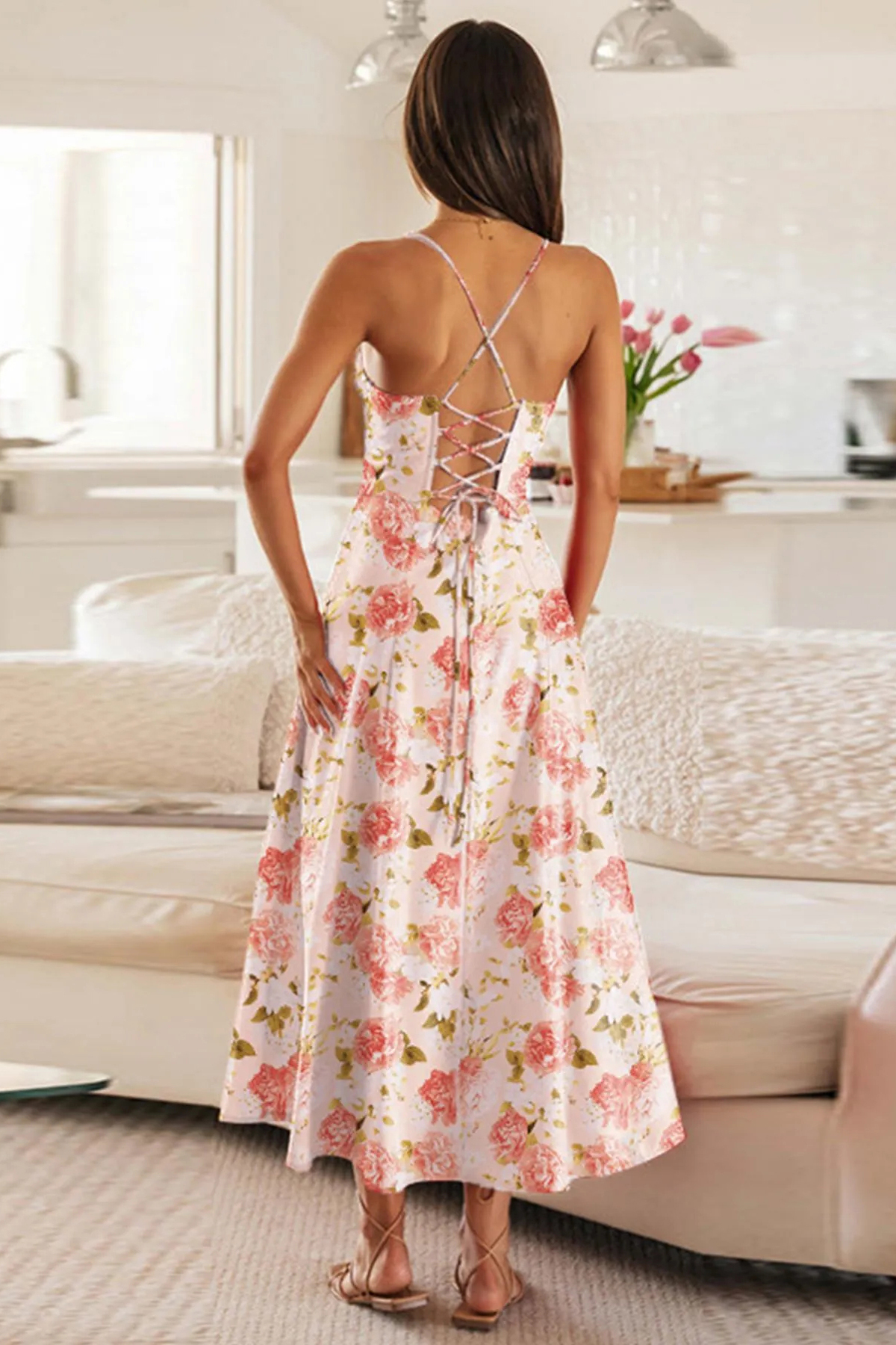Lovely Spaghetti Strap Tie-Up High Split Maxi Dress