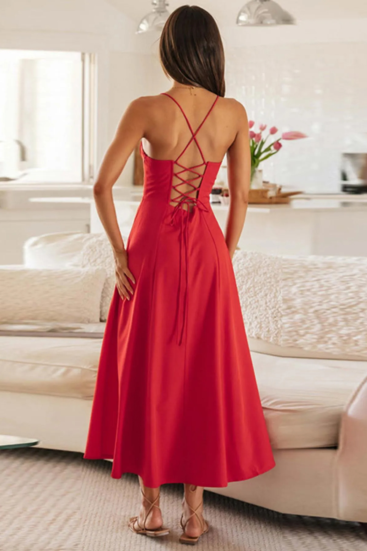 Lovely Spaghetti Strap Tie-Up High Split Maxi Dress