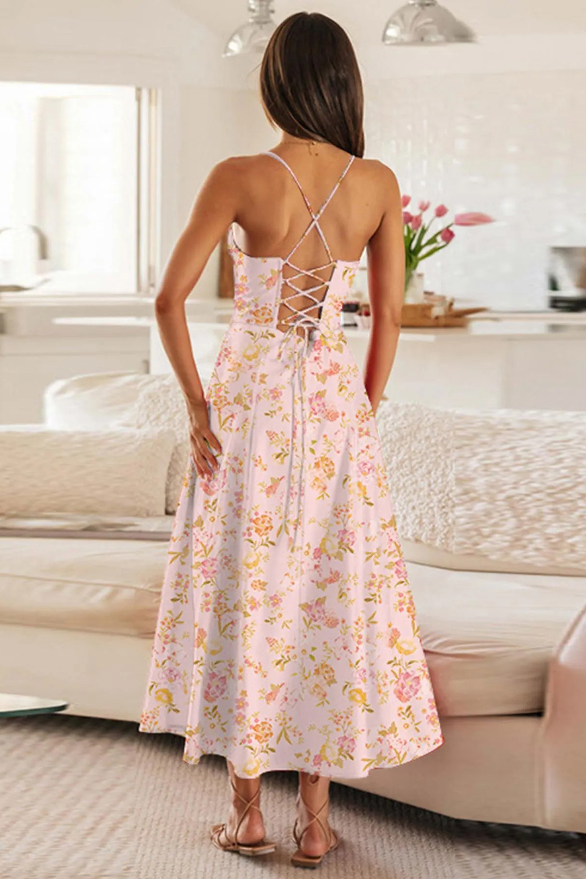 Lovely Spaghetti Strap Tie-Up High Split Maxi Dress