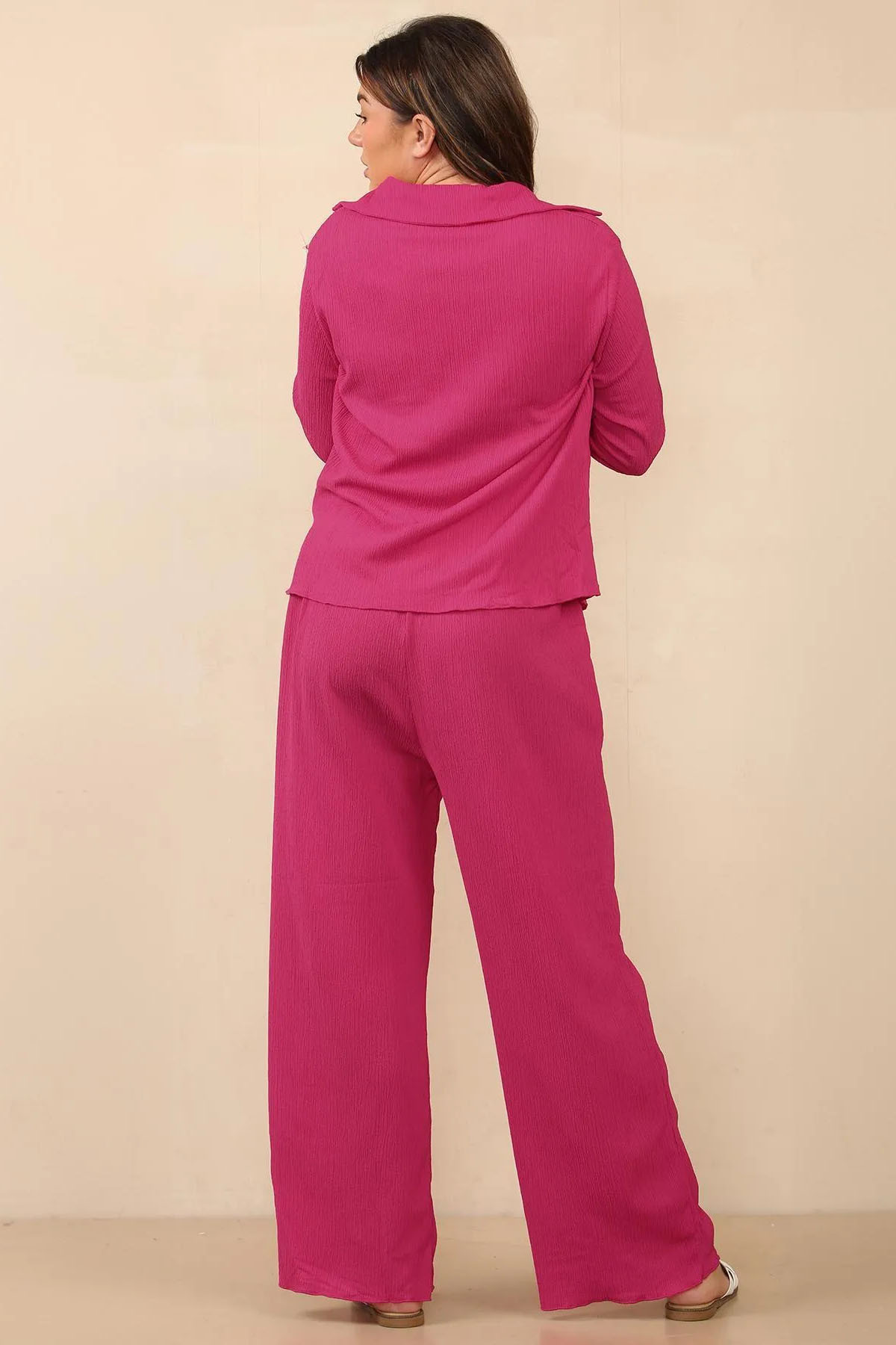 Minimalist Solid Color Collared Long Sleeve Blouse & Wide Leg Trousers Co-ord