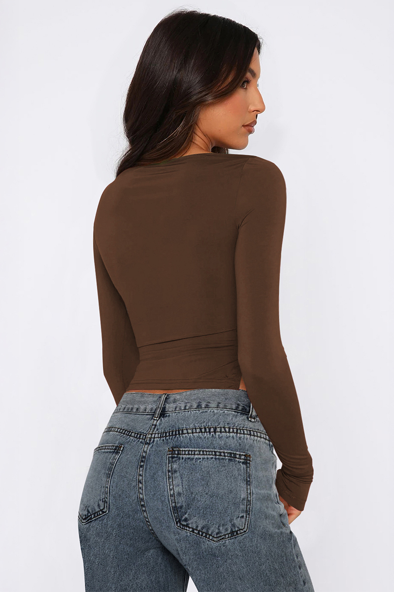 Trendy Solid Color Long Sleeve Drawstring Slit Slim Top