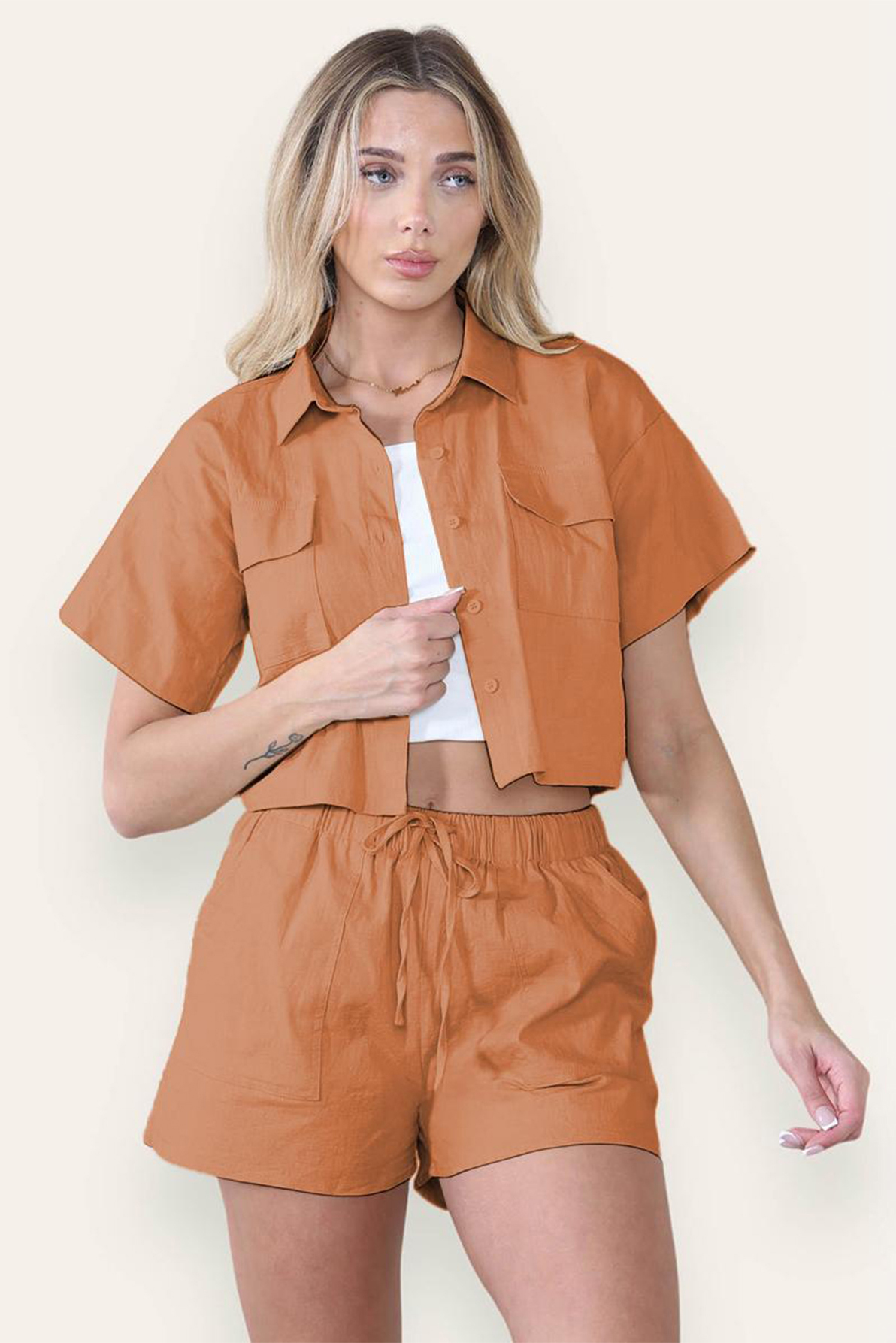Casual Button Blouse & Drawstring Shorts Co-ord