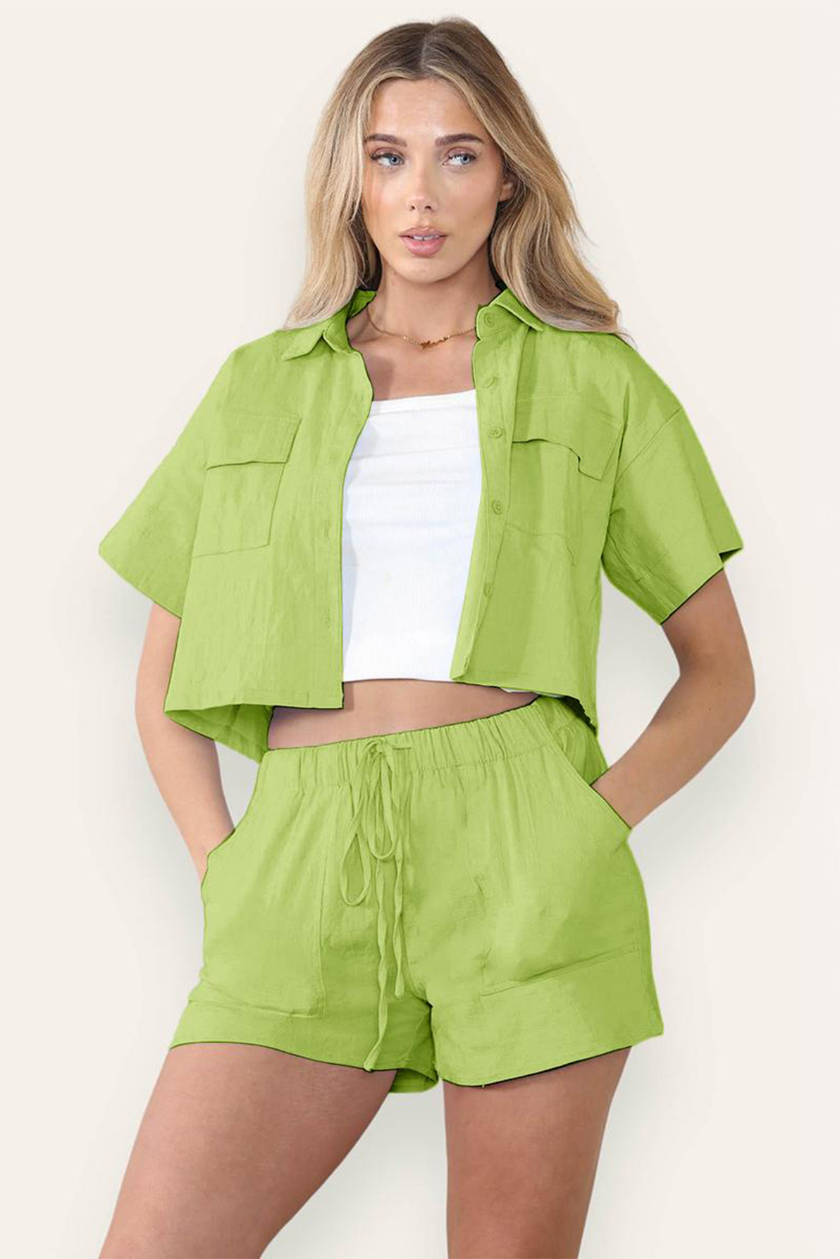 Casual Button Blouse & Drawstring Shorts Co-ord