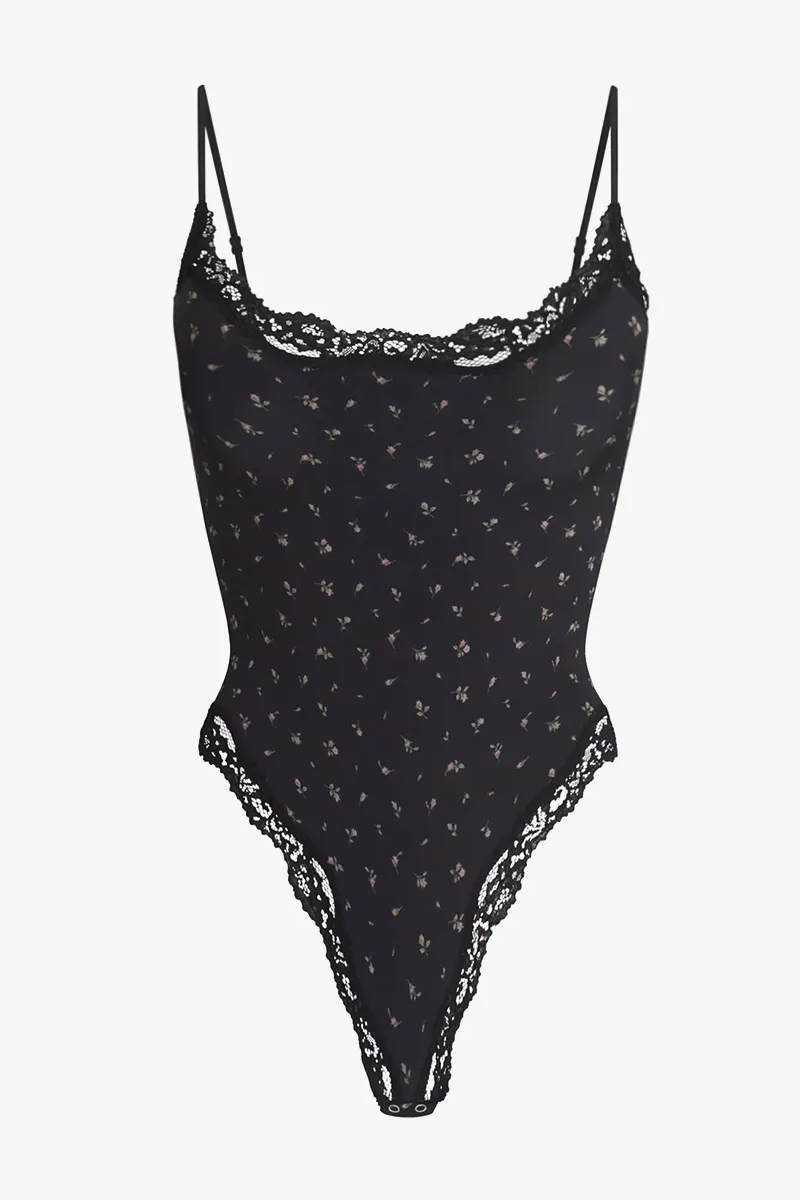 Sexy Solid Color Spaghetti Strap Lace Trim Stretch Bodysuit