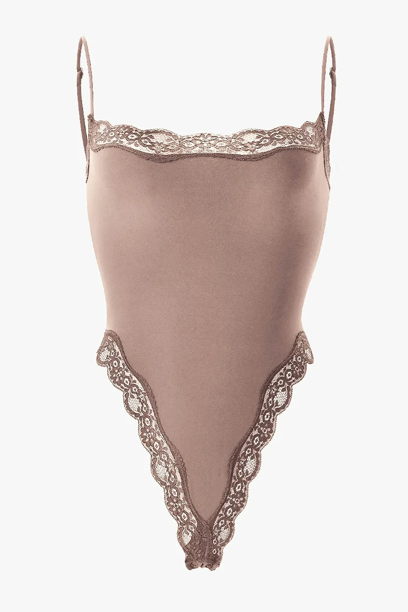 Sexy Solid Color Spaghetti Strap Lace Trim Stretch Bodysuit