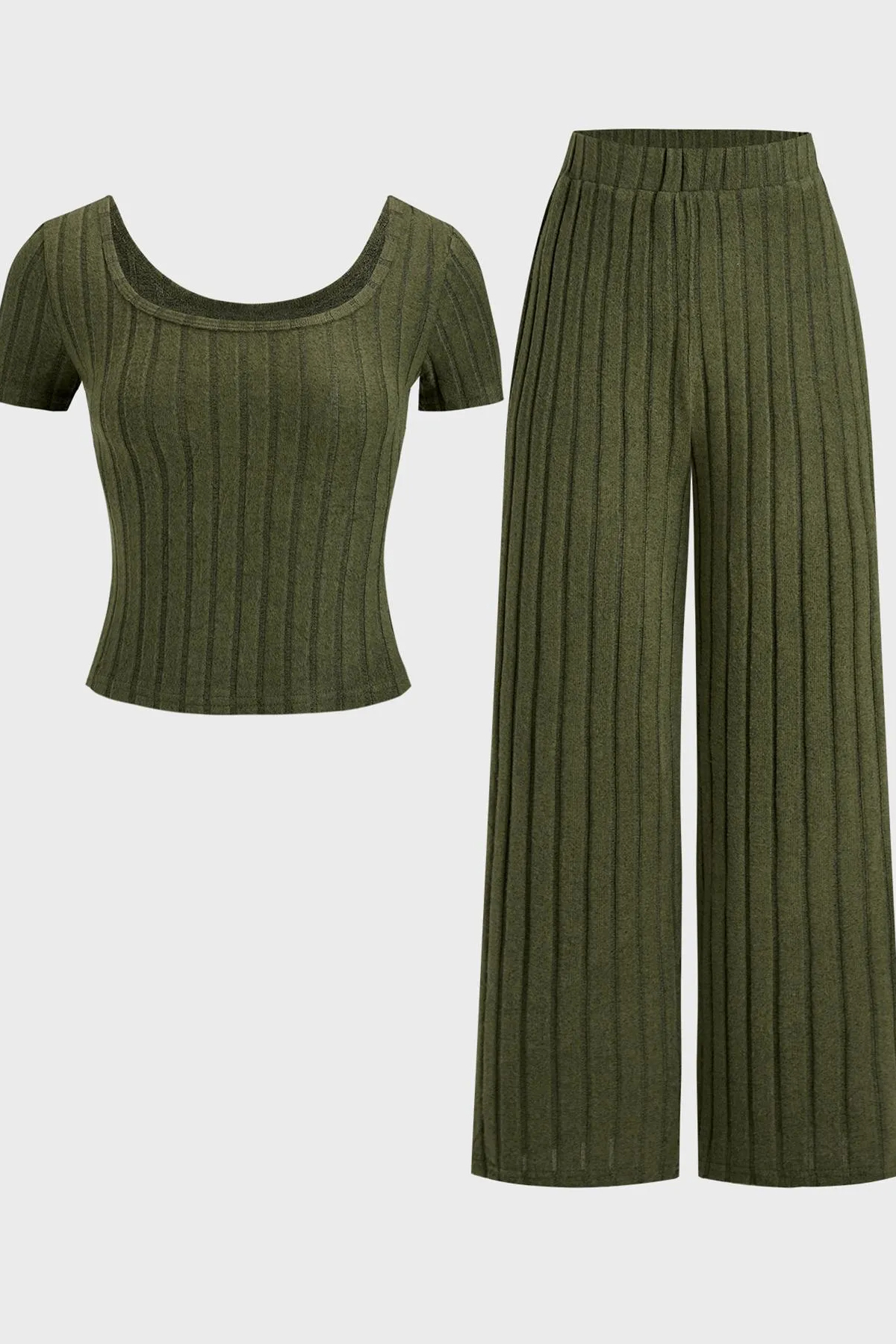 Slouchy U Neck Textured Short Sleeve Top & Wide Leg Trousers Co-ord