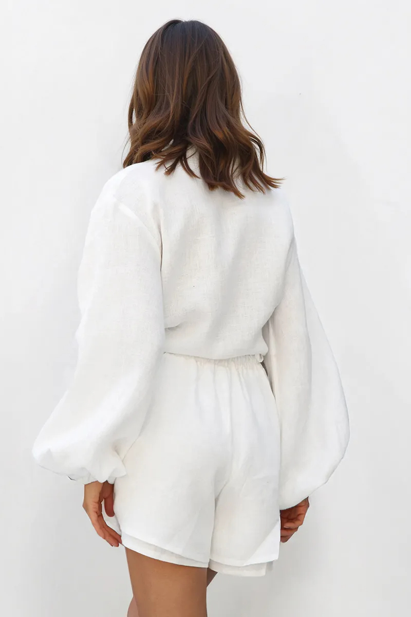 Solid Color Versatile Collared Button-Up Loose Blouse & Flounce Shorts Co-ord
