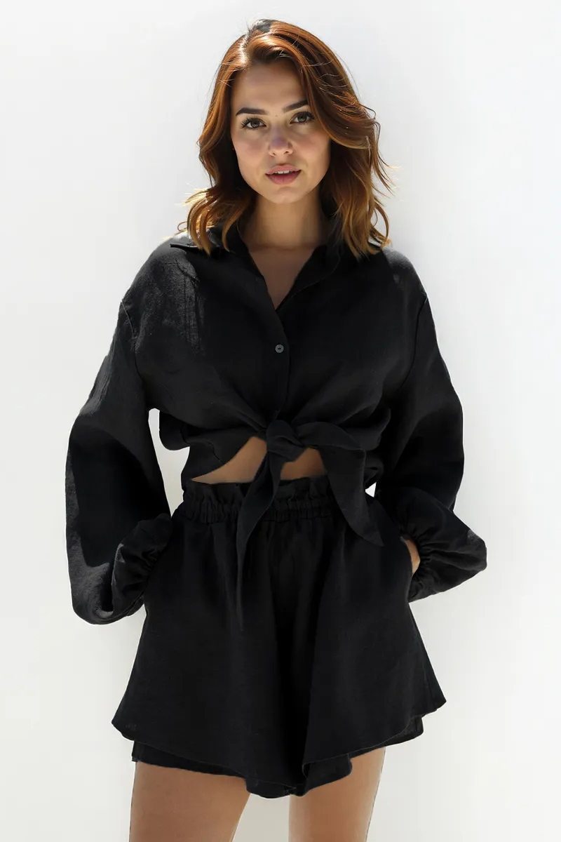 Solid Color Versatile Collared Button-Up Loose Blouse & Flounce Shorts Co-ord
