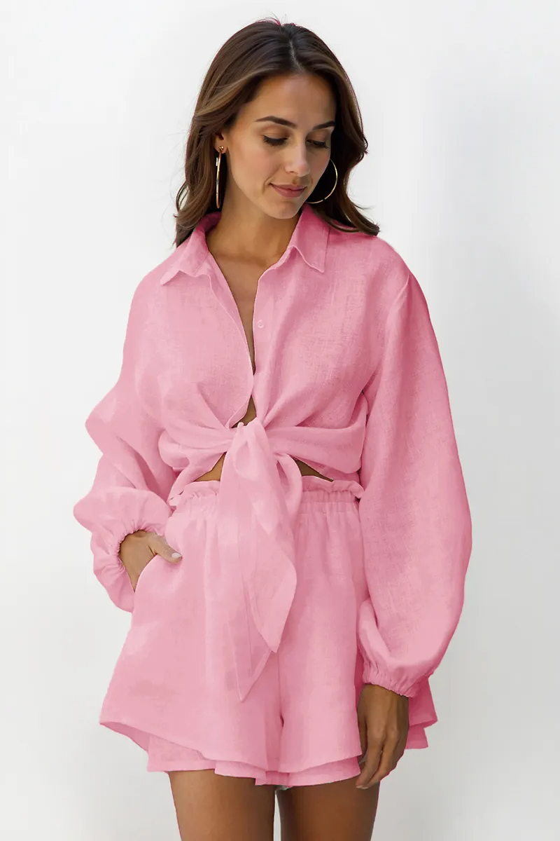 Solid Color Versatile Collared Button-Up Loose Blouse & Flounce Shorts Co-ord
