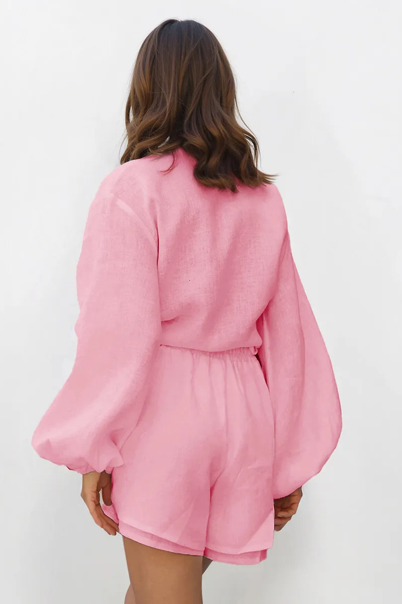 Solid Color Versatile Collared Button-Up Loose Blouse & Flounce Shorts Co-ord