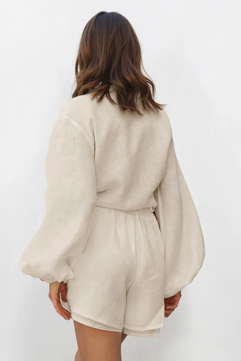 Solid Color Versatile Collared Button-Up Loose Blouse & Flounce Shorts Co-ord