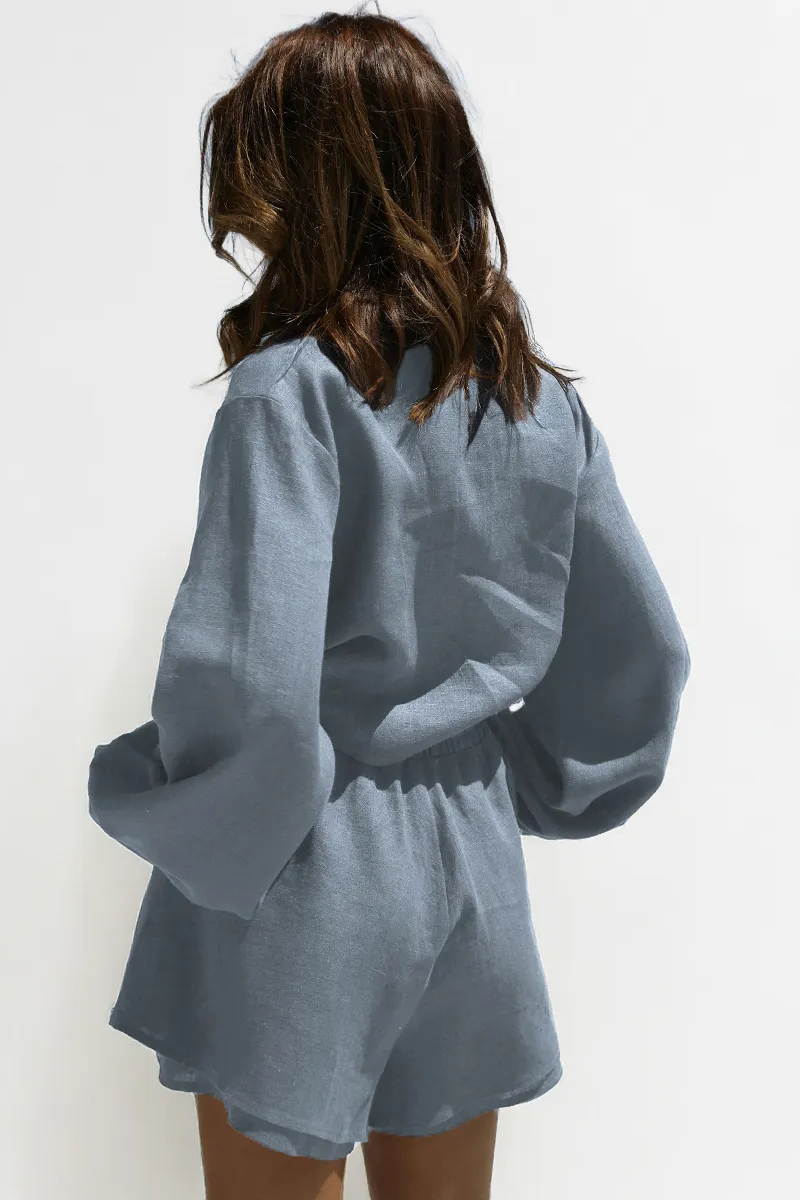 Solid Color Versatile Collared Button-Up Loose Blouse & Flounce Shorts Co-ord