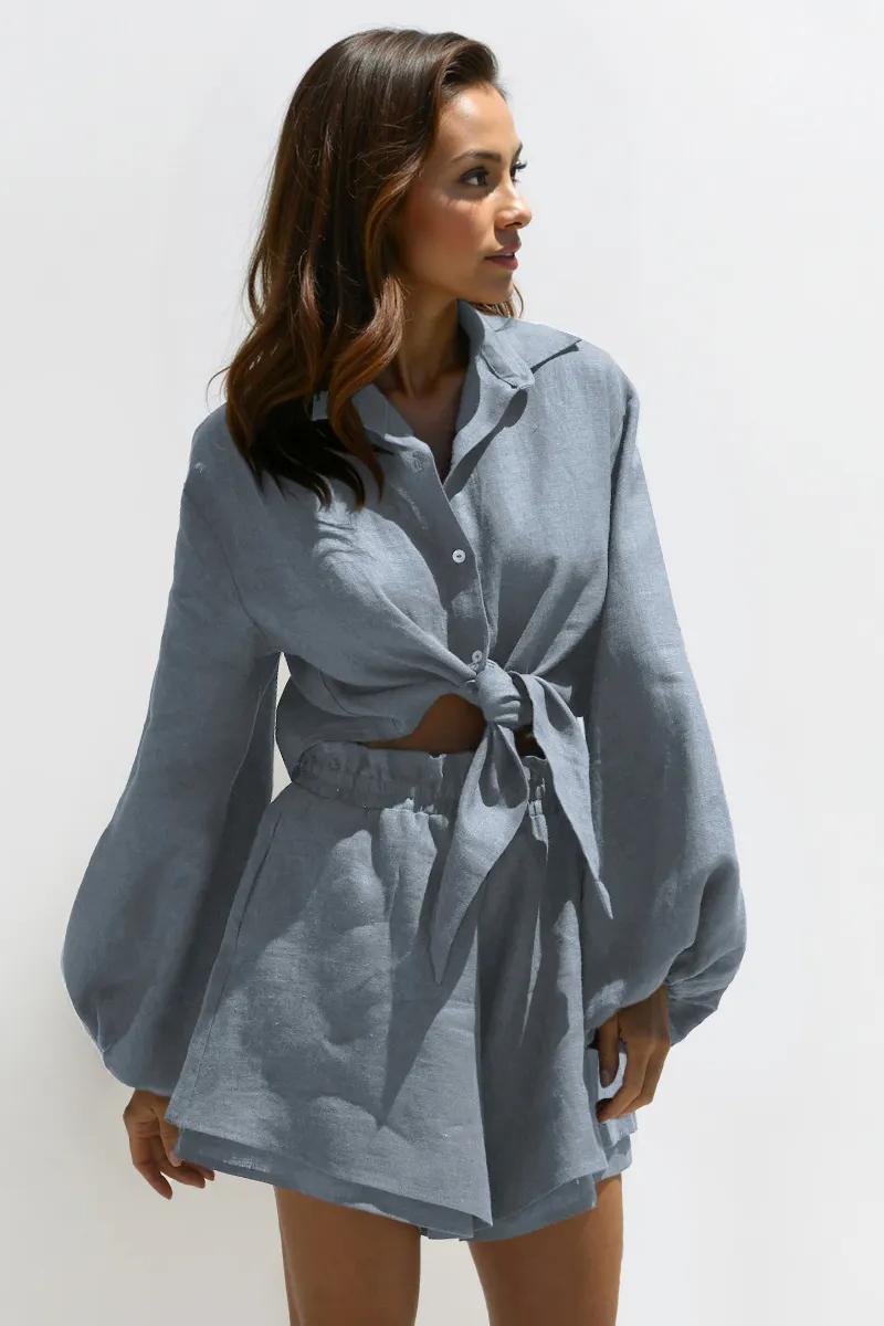 Solid Color Versatile Collared Button-Up Loose Blouse & Flounce Shorts Co-ord-KATCH ME