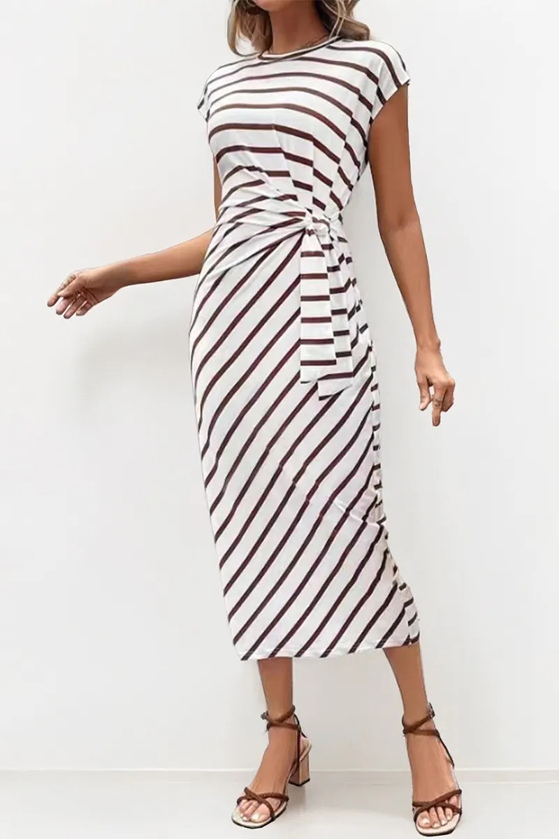 Summer Elegant Color Matching Stripe Knotted Slinky Maxi Dress