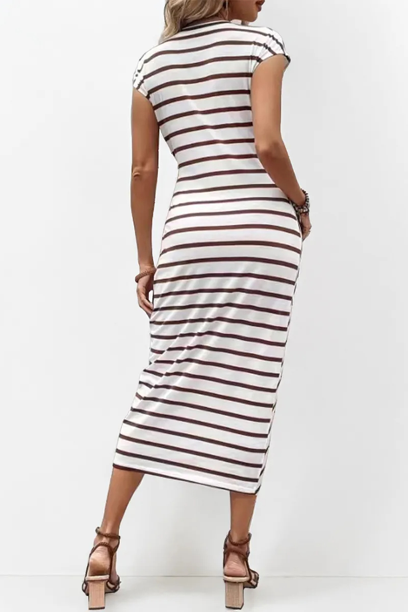 Summer Elegant Color Matching Stripe Knotted Slinky Maxi Dress