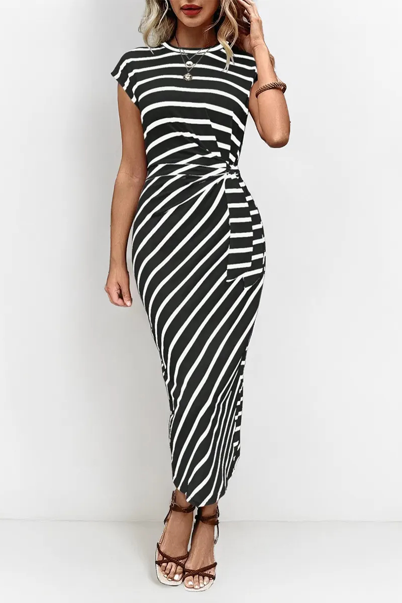 Summer Elegant Color Matching Stripe Knotted Slinky Maxi Dress