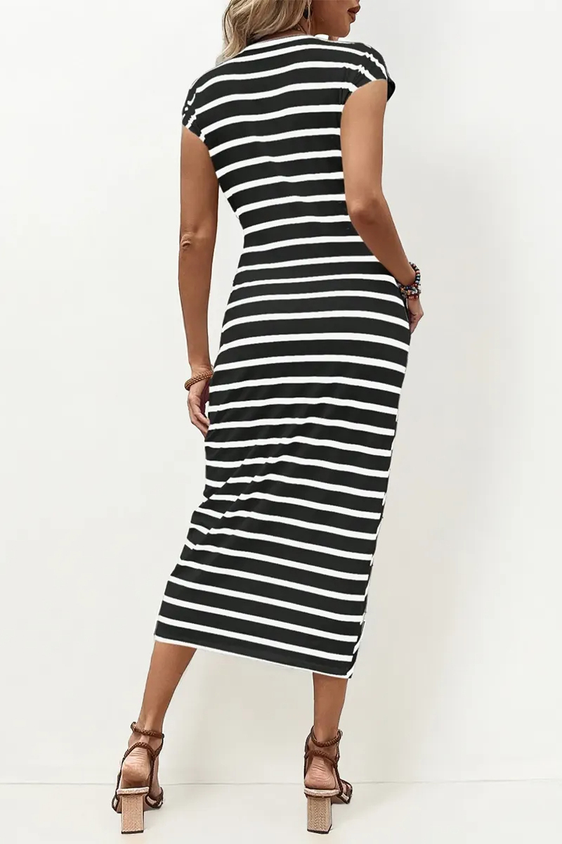 Summer Elegant Color Matching Stripe Knotted Slinky Maxi Dress