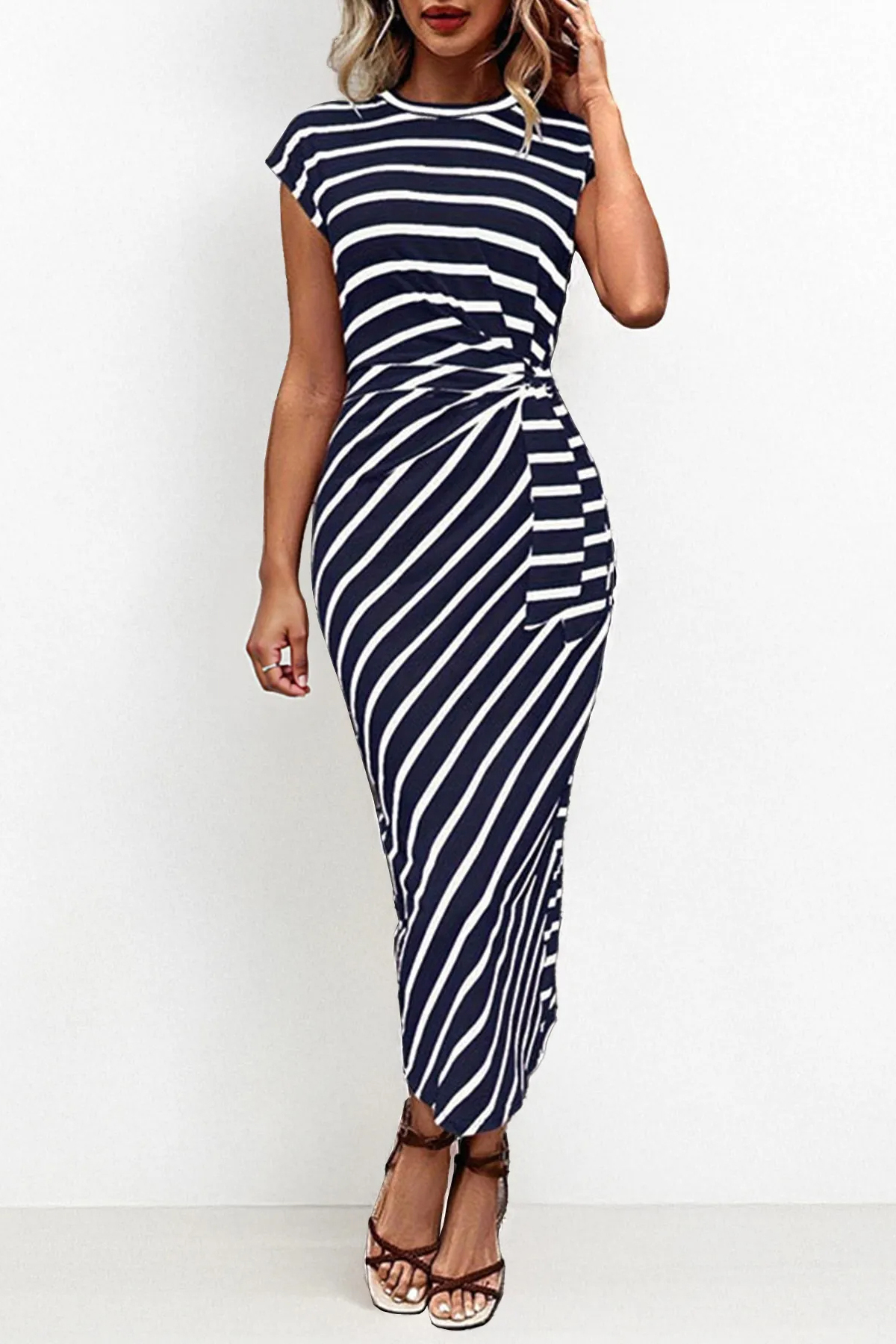 Summer Elegant Color Matching Stripe Knotted Slinky Maxi Dress