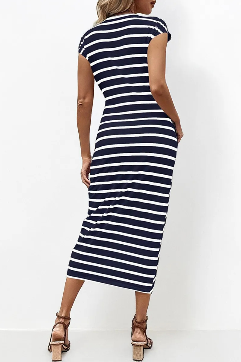 Summer Elegant Color Matching Stripe Knotted Slinky Maxi Dress