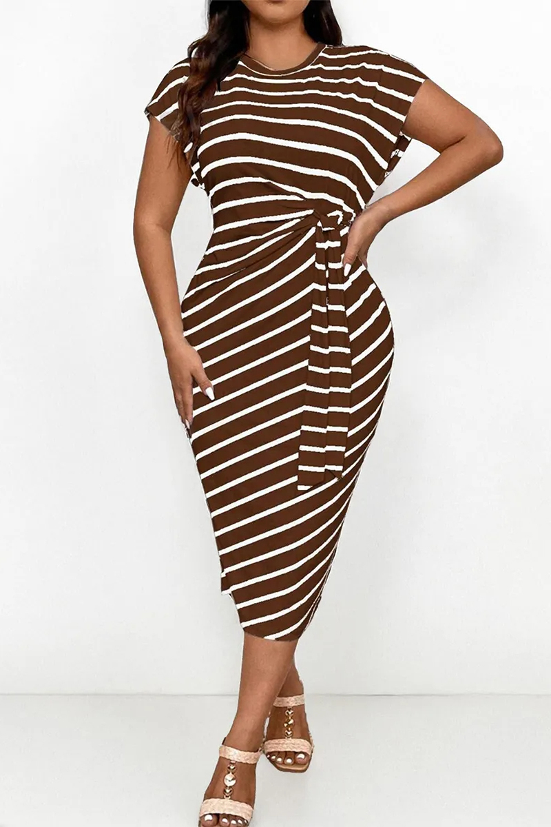 Summer Elegant Color Matching Stripe Knotted Slinky Maxi Dress