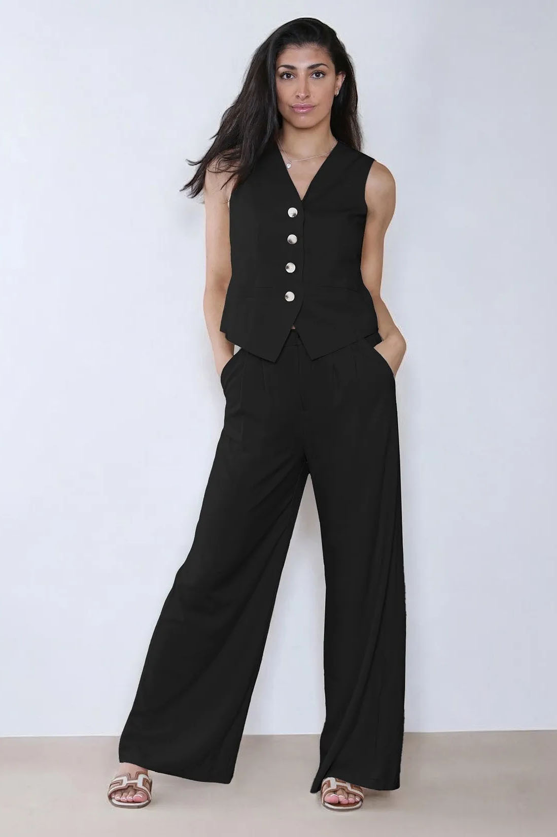 Summer Plain V-Neck Sleeveless Button Tank & Suiting Pants Co-ord