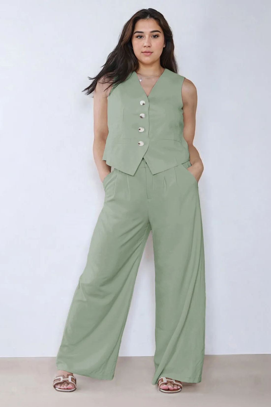 Summer Plain V-Neck Sleeveless Button Tank & Suiting Pants Co-ord
