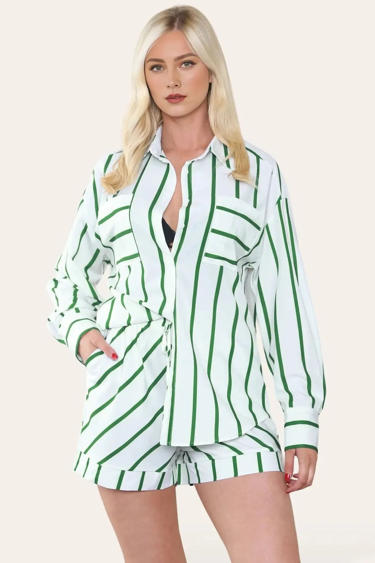 Trendy Color Matching Stripe Patch Pocket Button-Up Long Sleeve Shirt & Wide Leg Shorts Co-ord