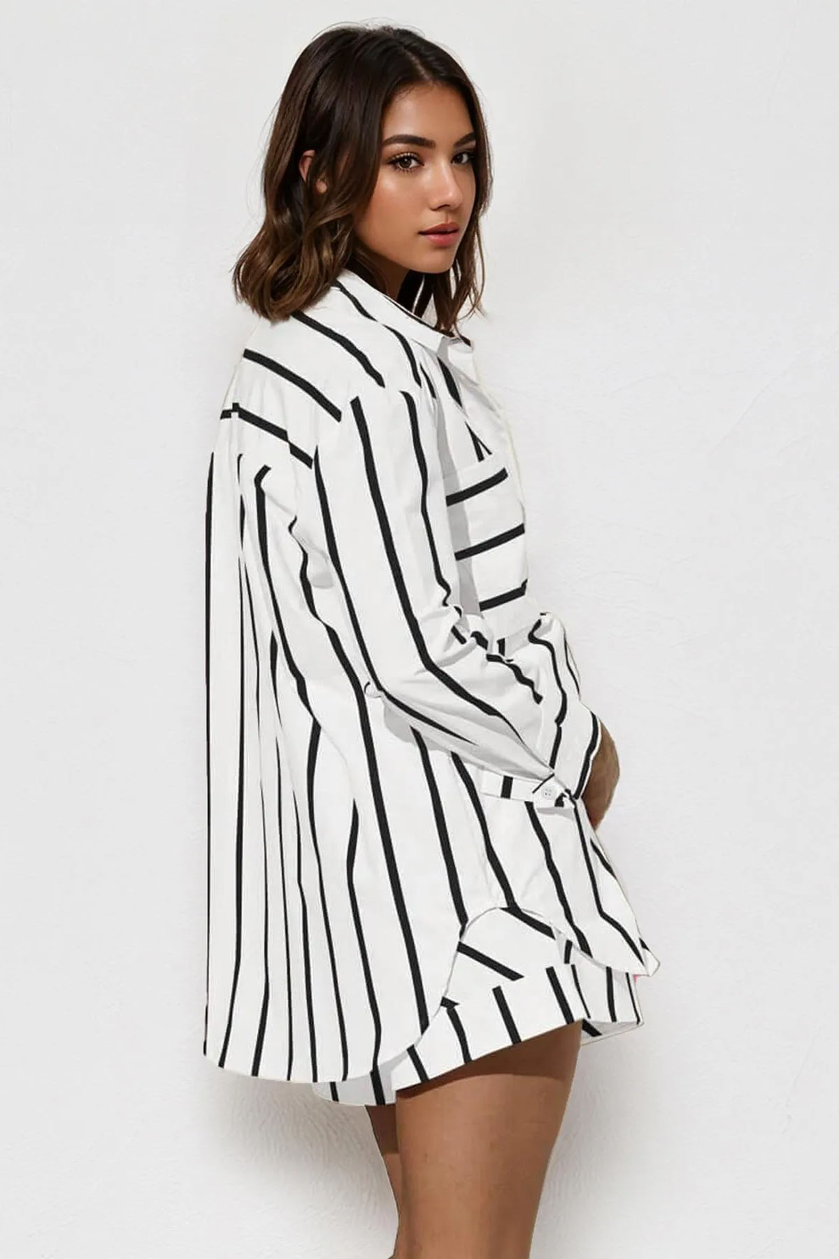 Trendy Color Matching Stripe Patch Pocket Button-Up Long Sleeve Shirt & Wide Leg Shorts Co-ord