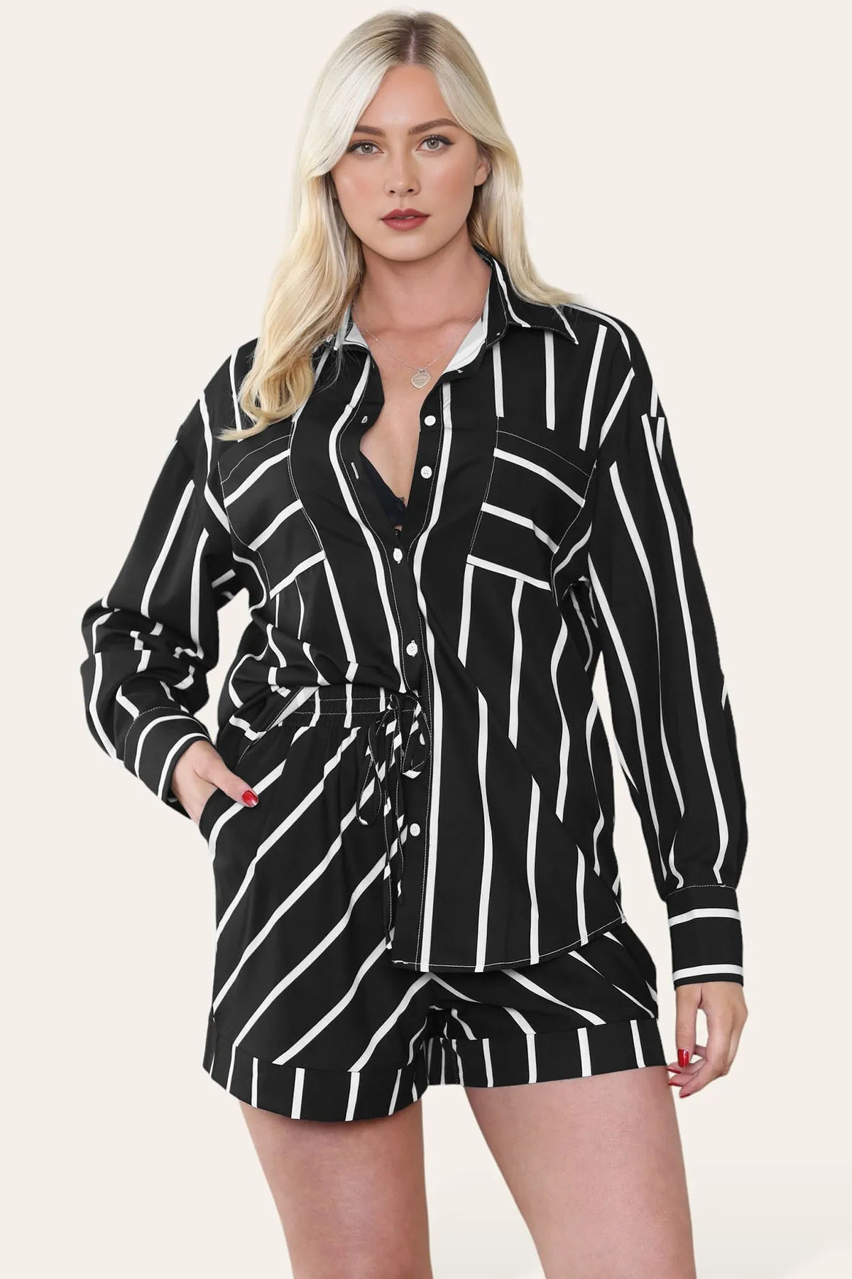 Trendy Color Matching Stripe Patch Pocket Button-Up Long Sleeve Shirt & Wide Leg Shorts Co-ord
