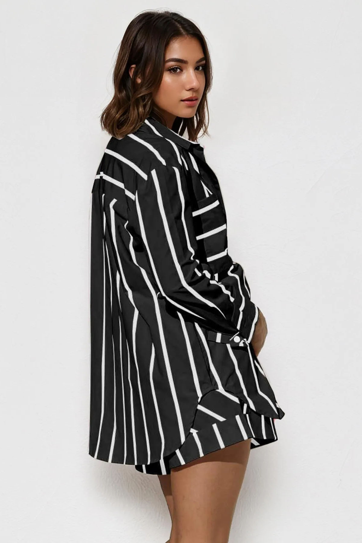 Trendy Color Matching Stripe Patch Pocket Button-Up Long Sleeve Shirt & Wide Leg Shorts Co-ord