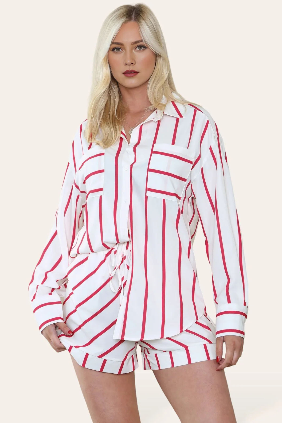 Trendy Color Matching Stripe Patch Pocket Button-Up Long Sleeve Shirt & Wide Leg Shorts Co-ord
