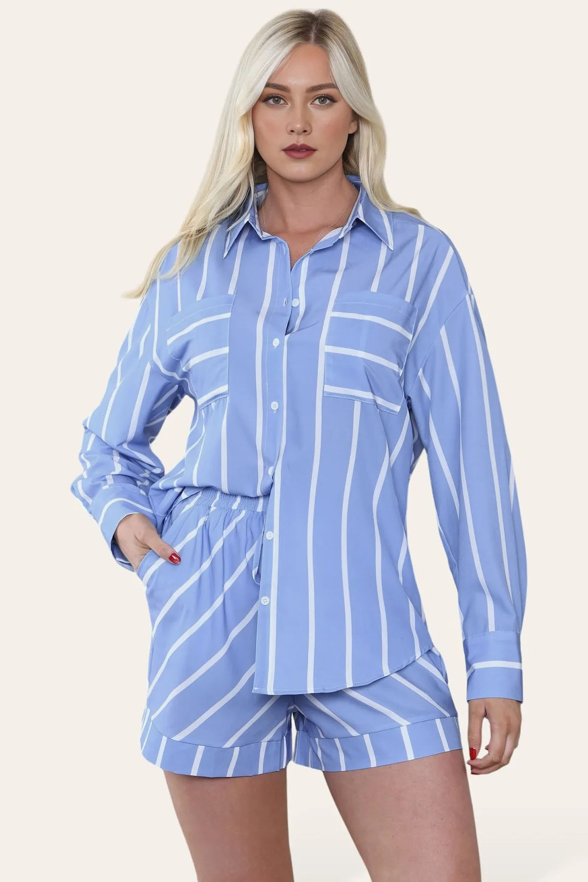 Trendy Color Matching Stripe Patch Pocket Button-Up Long Sleeve Shirt & Wide Leg Shorts Co-ord