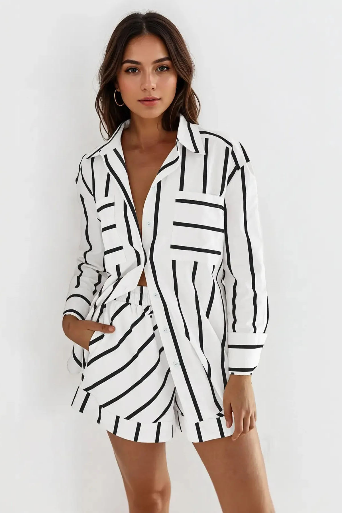Trendy Color Matching Stripe Patch Pocket Button-Up Long Sleeve Shirt 
