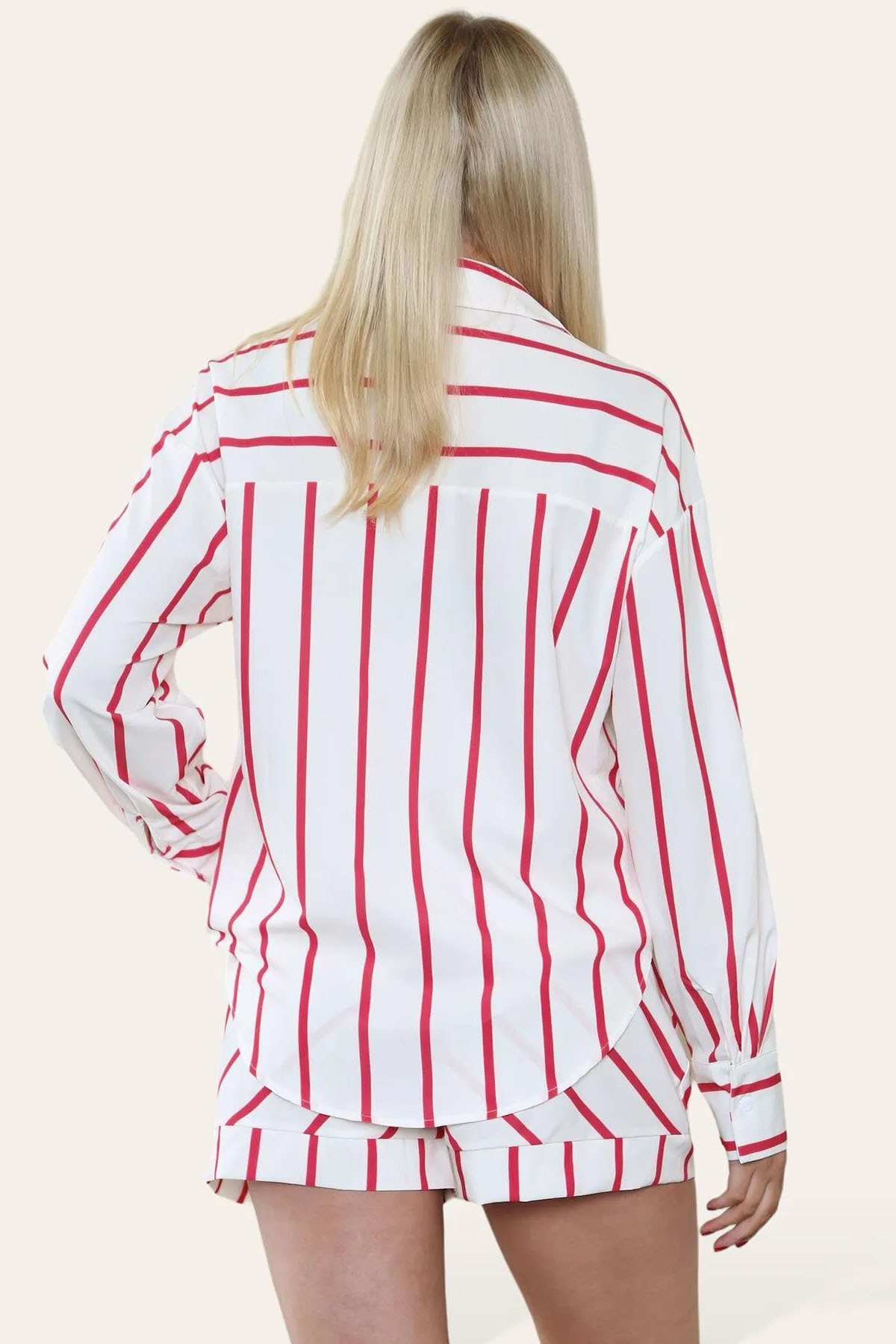Trendy Color Matching Stripe Patch Pocket Button-Up Long Sleeve Shirt & Wide Leg Shorts Co-ord