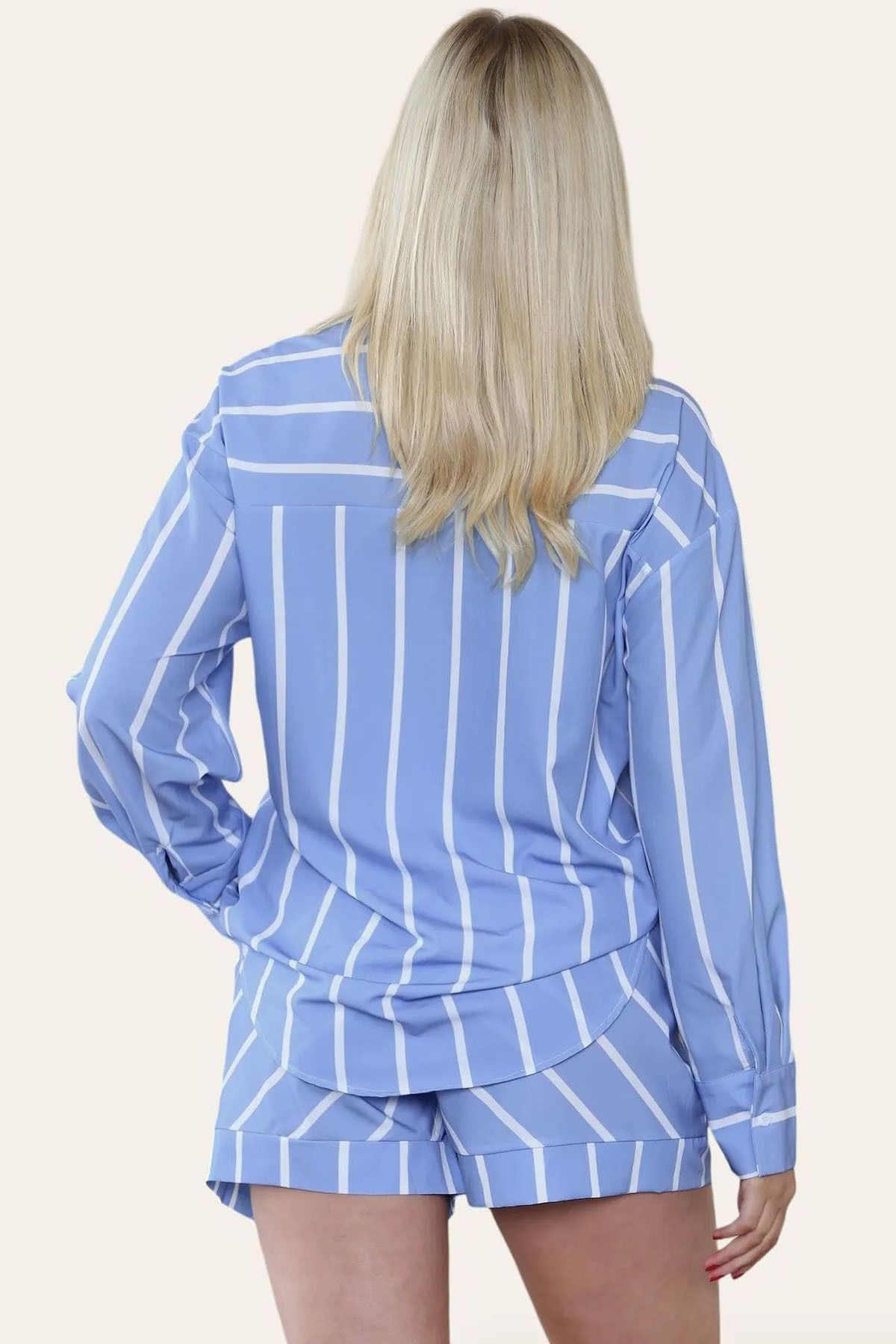 Trendy Color Matching Stripe Patch Pocket Button-Up Long Sleeve Shirt & Wide Leg Shorts Co-ord