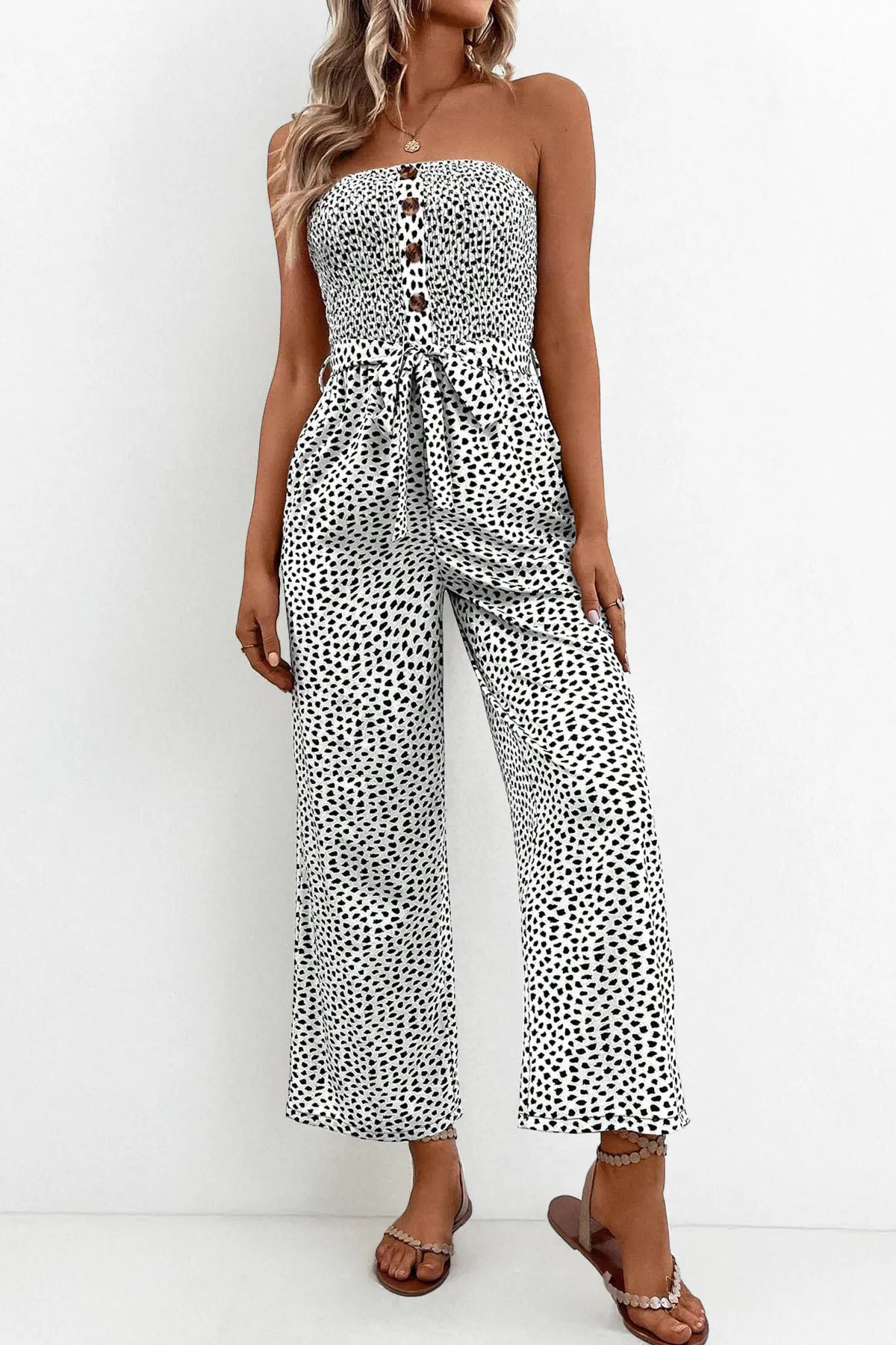 Trendy Off-Shoulder Polka Dot Waist Tie Wide Leg Jumpsuit